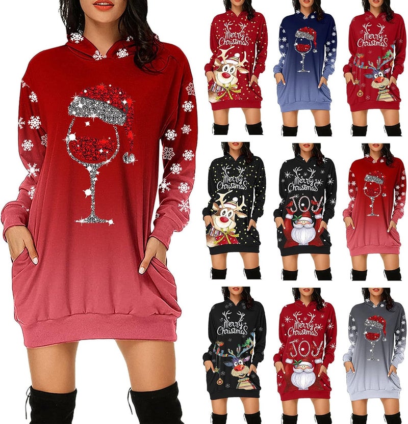 woobles Hoodie Dress, Womens Hoodie Dress Christmas Pattern Print Polyester Casual for Shopping - Image 1